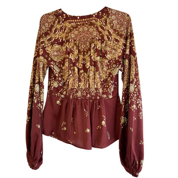 Free People S Boho Floral Tie Front Blouse Top Small NWT Burgundy Long Sleeve - Picture 5 of 13